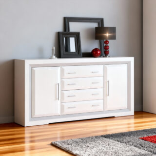 Aparador EPOCA blanco con borde plata en madera de pino de alta calidad