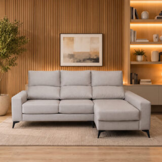 Chaise Longue EVA de 250 cm en color beige, con chaise longue de 150 cm, asientos deslizantes y respaldos reclinables.