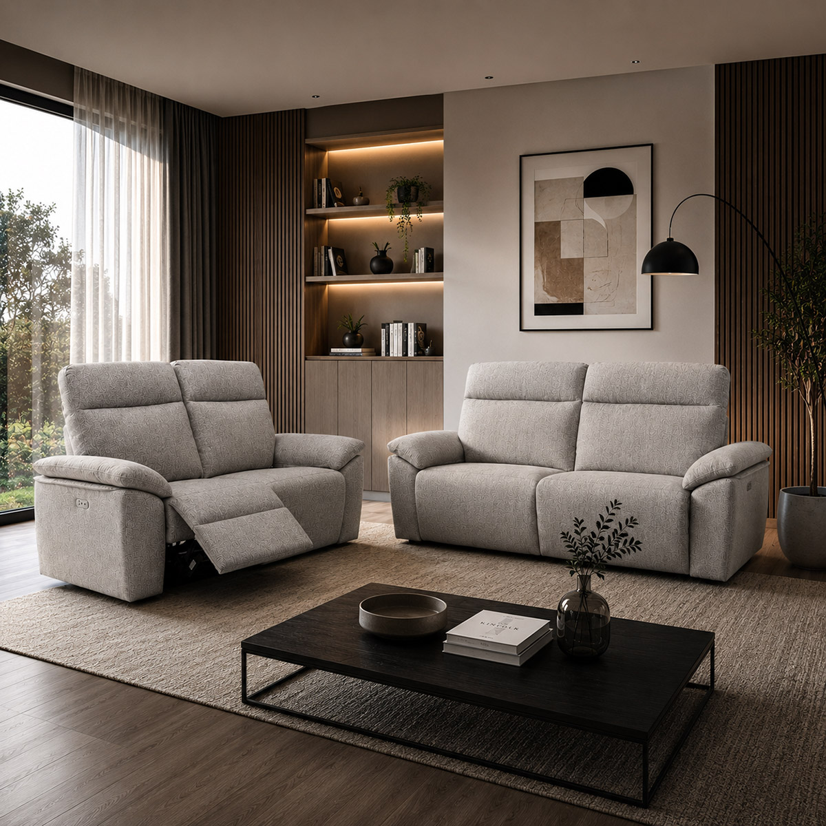 Conjunto Sofá Relax Eléctrico 3+2 Benisa con USB en Tela Gris NEVE 83