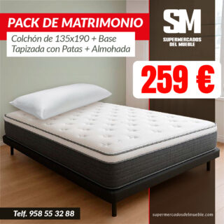 Pack de Matrimonio colchón + base tapizada con patas y almohada / REF. 1405