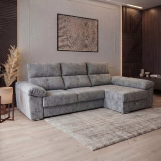 Chaise Longue Madrid tapizada con estructura de madera de pino, asientos de alta densidad y arcón de almacenamiento, disponible en Supermercados del Mueble Granada.
