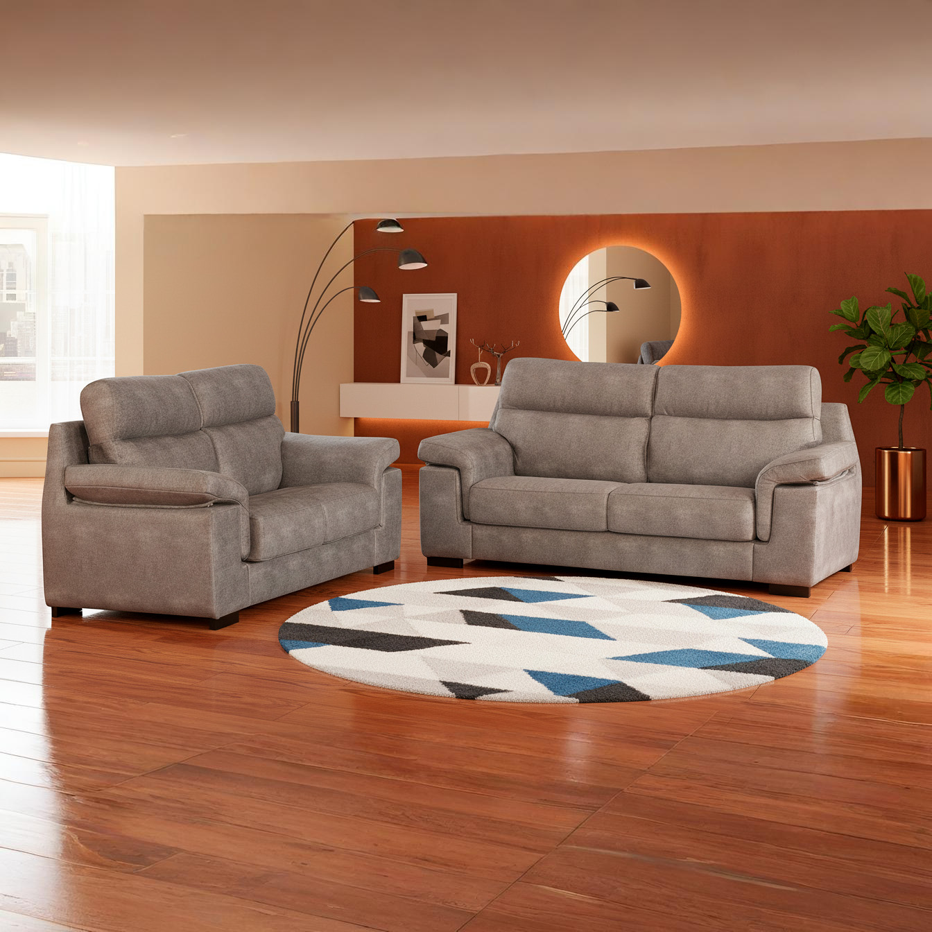 Conjunto de sofás 3+2 plazas tapizado en gris con diseño moderno y estructura de madera