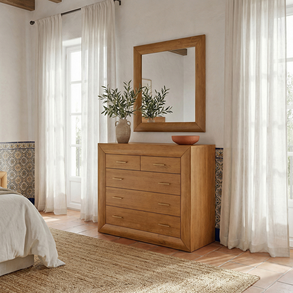 Cómoda de madera Oporto de 5 cajones con guías metálicas en dormitorio