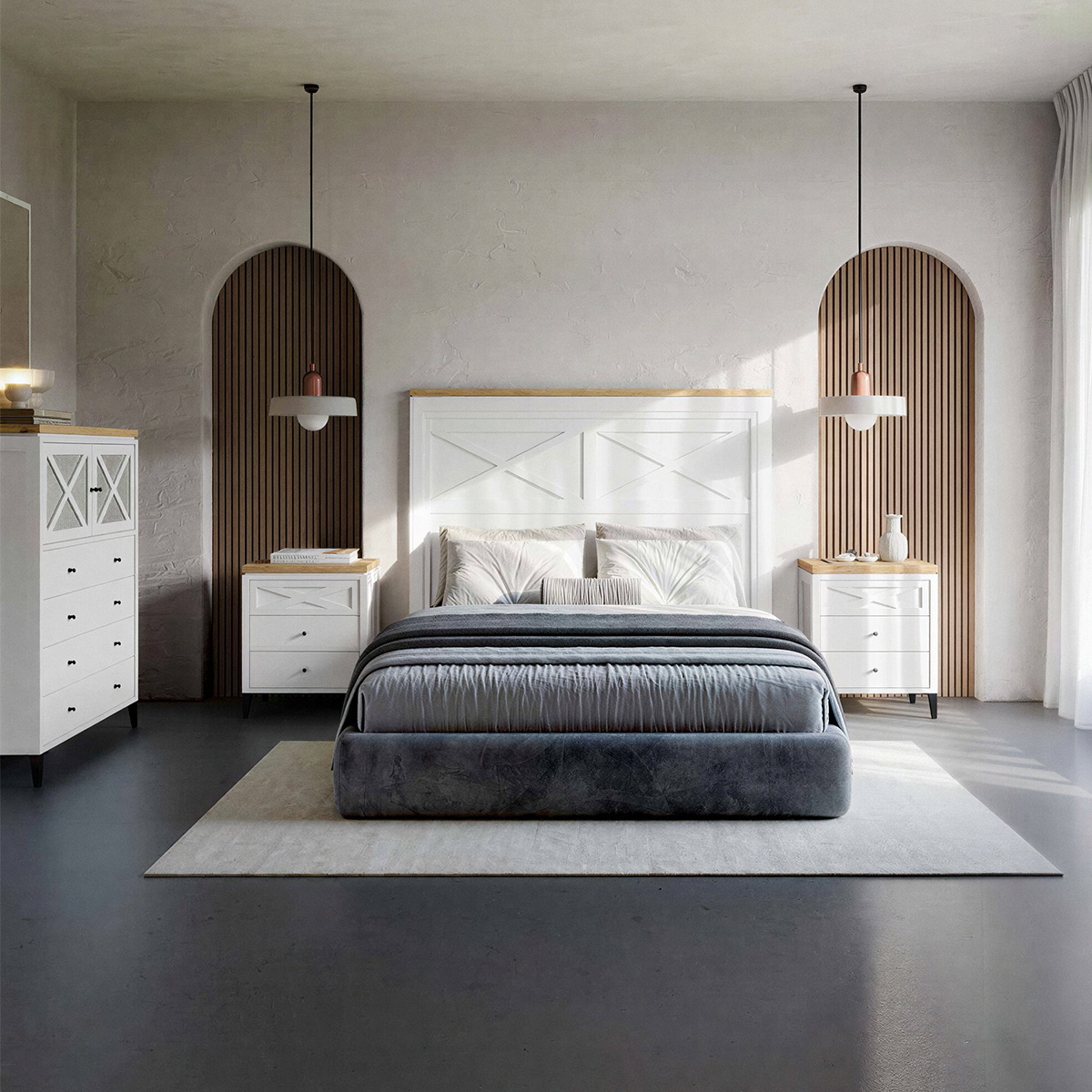 Dormitorio de Matrimonio Aspas Moderno con Cabecero, Cómoda y Mesitas / Mod. 2513