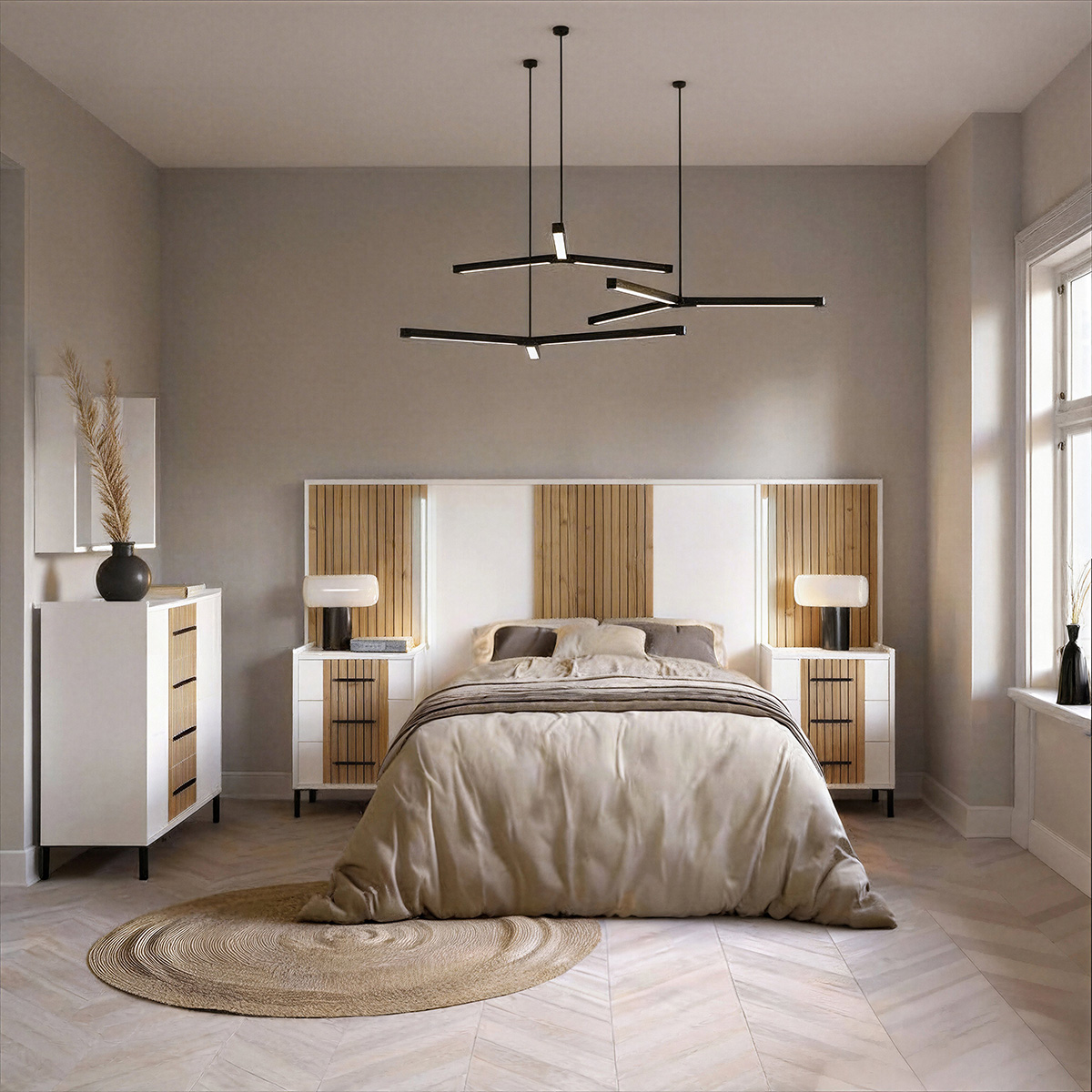 Dormitorio Moderno con cabecero, cómoda, espejo y mesitas / Mod. 2508
