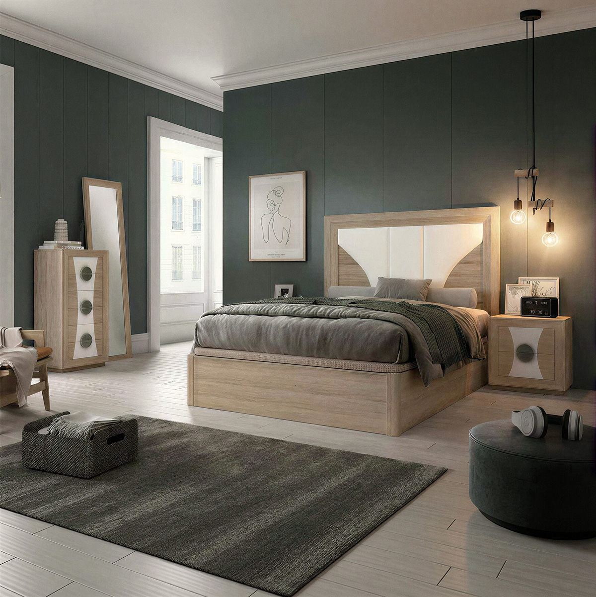 Dormitorio de matrimonio moderno con sifonier, cabecero y mesitas / Mod. 2512